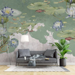 Tapet personalizat zen oriental in stil vintage cu flori de lotys pe fundal verde vintage lotus