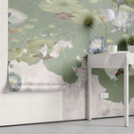 Tapet personalizat zen oriental in stil vintage cu flori de lotys pe fundal verde vintage lotus
