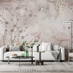 Tapet personalizat zen oriental in stil chinoiserie cu copaci infloriti si flamingo roz flamingo chinoiserie