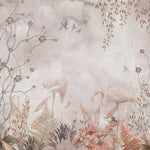Tapet personalizat zen oriental in stil chinoiserie cu copaci infloriti si flamingo roz flamingo chinoiserie