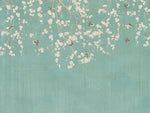 Tapet personalizat zen oriental in stil chinoiserie cu ramuri inflorite pe un fundal verde fistic pistachio chinoiserie