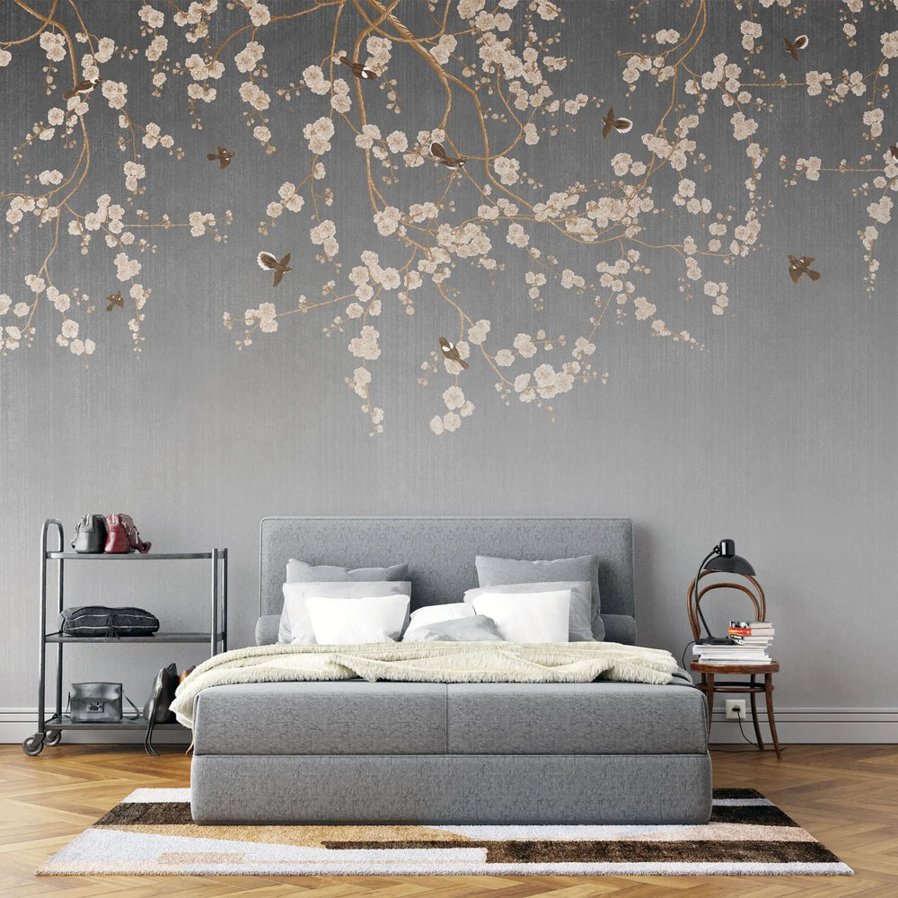 Fototapet personalizat zen oriental in stil chinoiserie cu ramuri inflorite pe un fundal gri degrade degrade chinoiserie