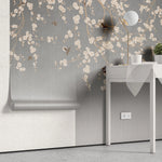 Fototapet personalizat zen oriental in stil chinoiserie cu ramuri inflorite pe un fundal gri degrade degrade chinoiserie