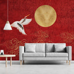 Tapet personalizat zen oriental in stil japonez pe un fundal rosu cu luna aurie si cocori golden japan