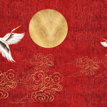 Tapet personalizat zen oriental in stil japonez pe un fundal rosu cu luna aurie si cocori golden japan