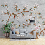Tapet personalizat zen oriental in stil chinoiserie cu copaci infloriti si pasari orientale pe un fundal de piatra stone chinoiserie
