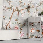 Tapet personalizat zen oriental in stil chinoiserie cu copaci infloriti si pasari orientale pe un fundal de piatra stone chinoiserie