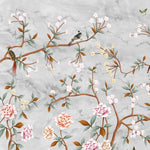 Tapet personalizat zen oriental in stil chinoiserie cu copaci infloriti si pasari orientale pe un fundal de piatra stone chinoiserie