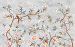 Tapet personalizat zen oriental in stil chinoiserie cu copaci infloriti si pasari orientale pe un fundal de piatra stone chinoiserie