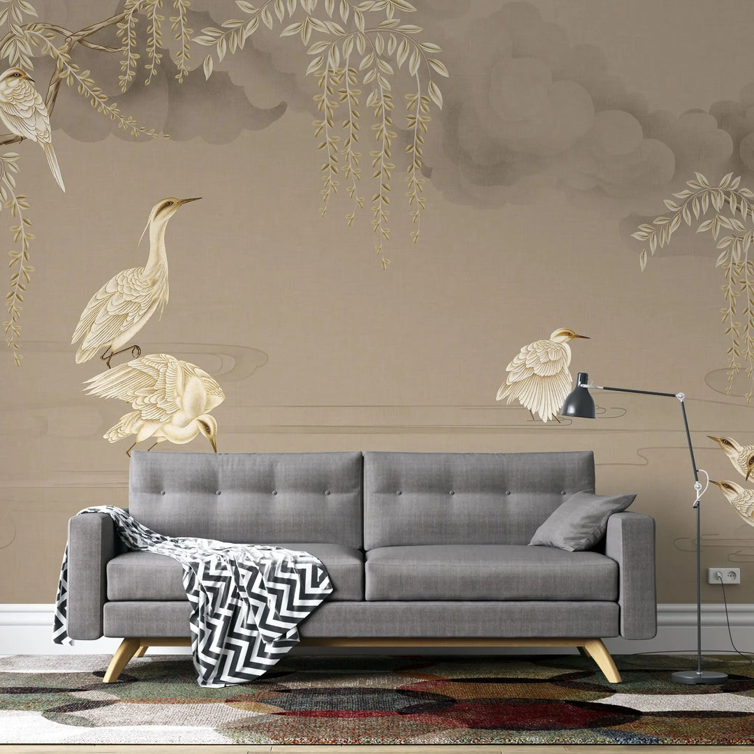 Tapet personalizat zen oriental cu cocori in apa in nuante sepia bathing cranes