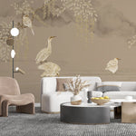 Tapet personalizat zen oriental cu cocori in apa in nuante sepia bathing cranes