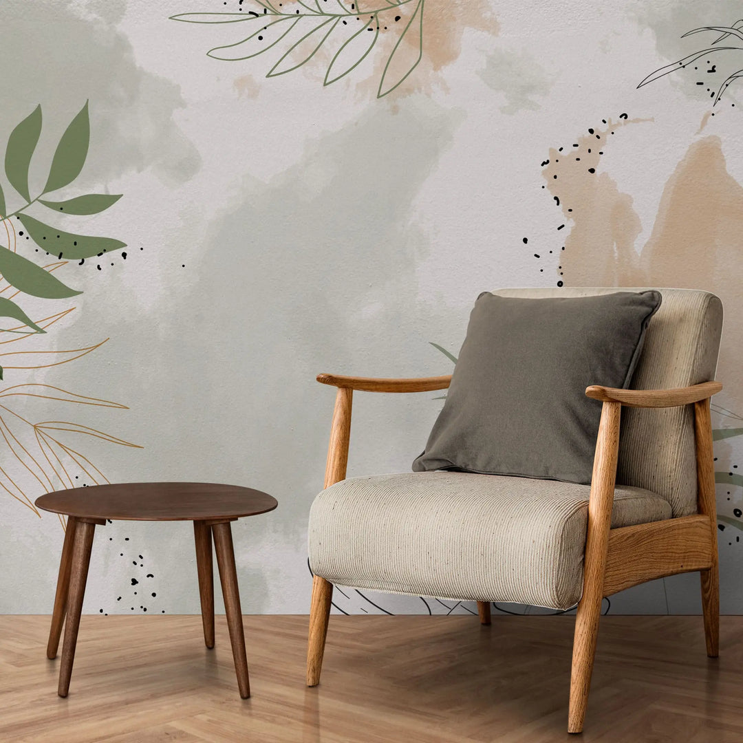 Tapet personalizat bohemian cu frunze tropicale in stil line art cu specific bohemian in nuante pastel boho line art