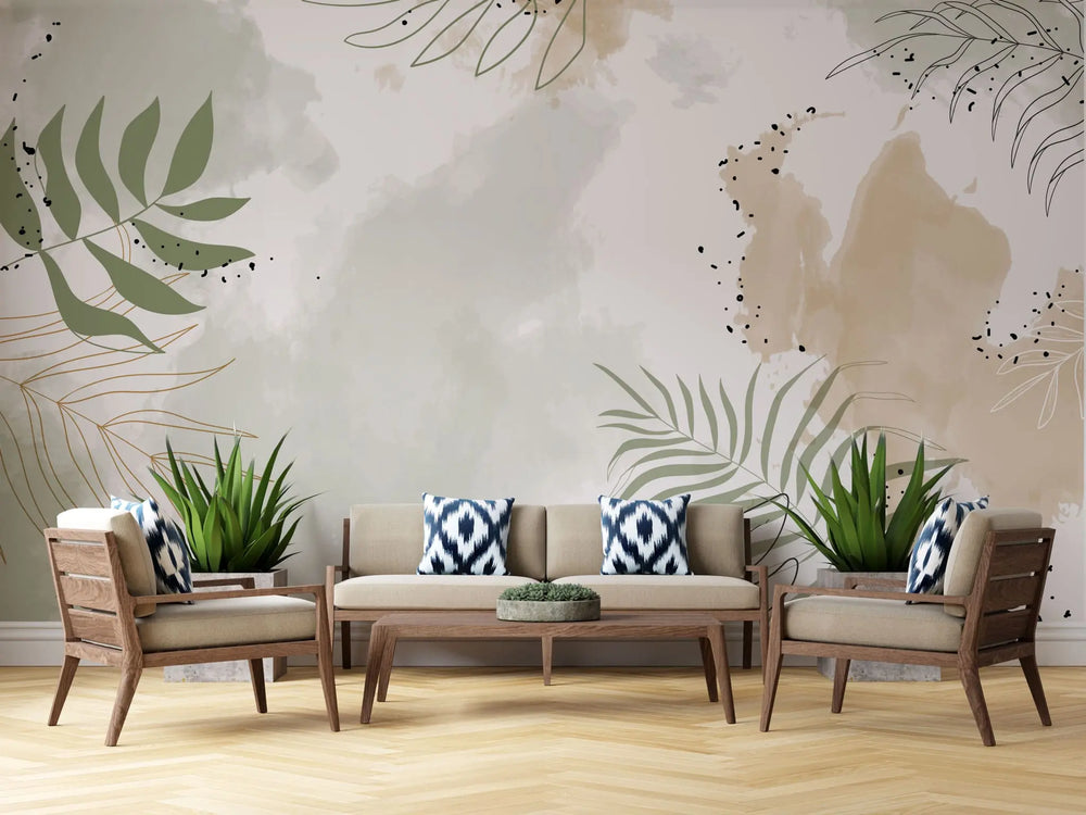 Tapet personalizat bohemian cu frunze tropicale in stil line art cu specific bohemian in nuante pastel boho line art