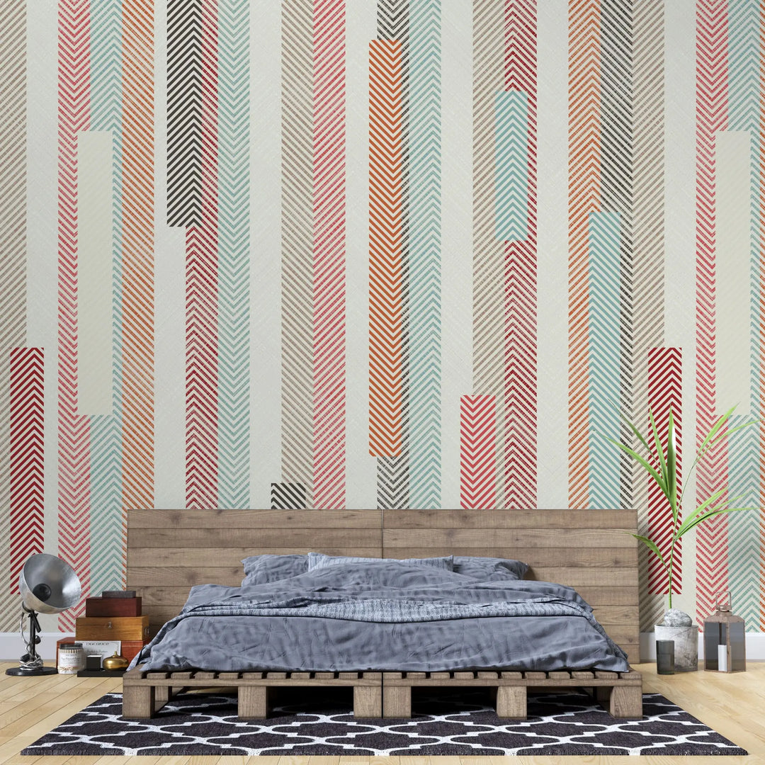 Tapet personalizat bohemian cu dungi texturate colorate in stil retro retro stripes