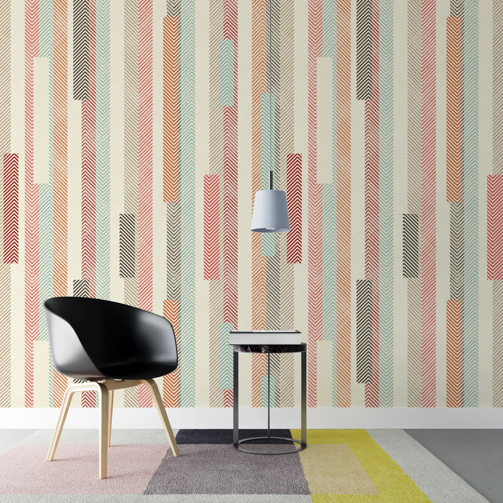 Tapet personalizat bohemian cu dungi texturate colorate in stil retro retro stripes