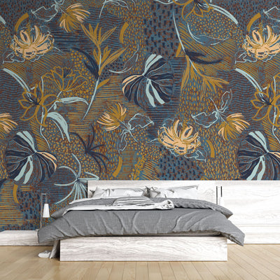 fototapet-personalizat-bohemian-cu-flori-si-frunze-in-nuante-de-contrast-pamantii-si-albastre-boho-flower's-contrast