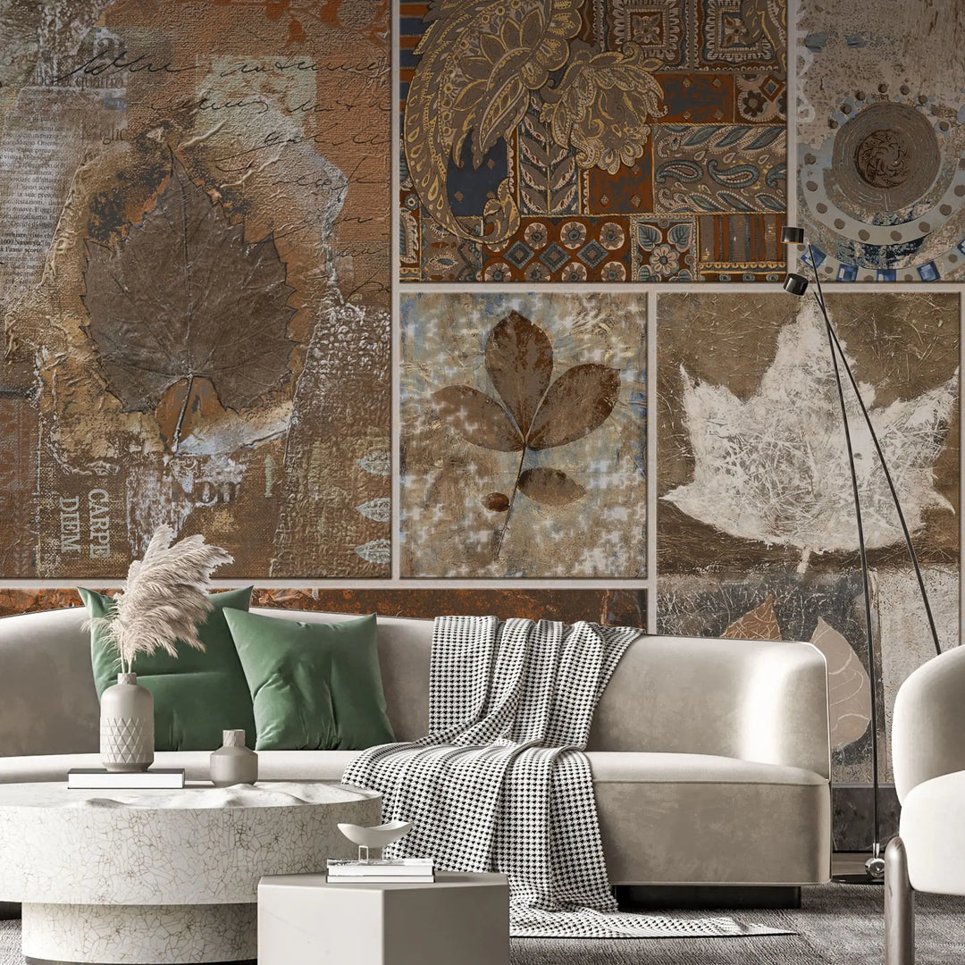 Tapet personalizat bohemian cu colaj de elemente in stil bohemian in nuante aramii boho brass collage