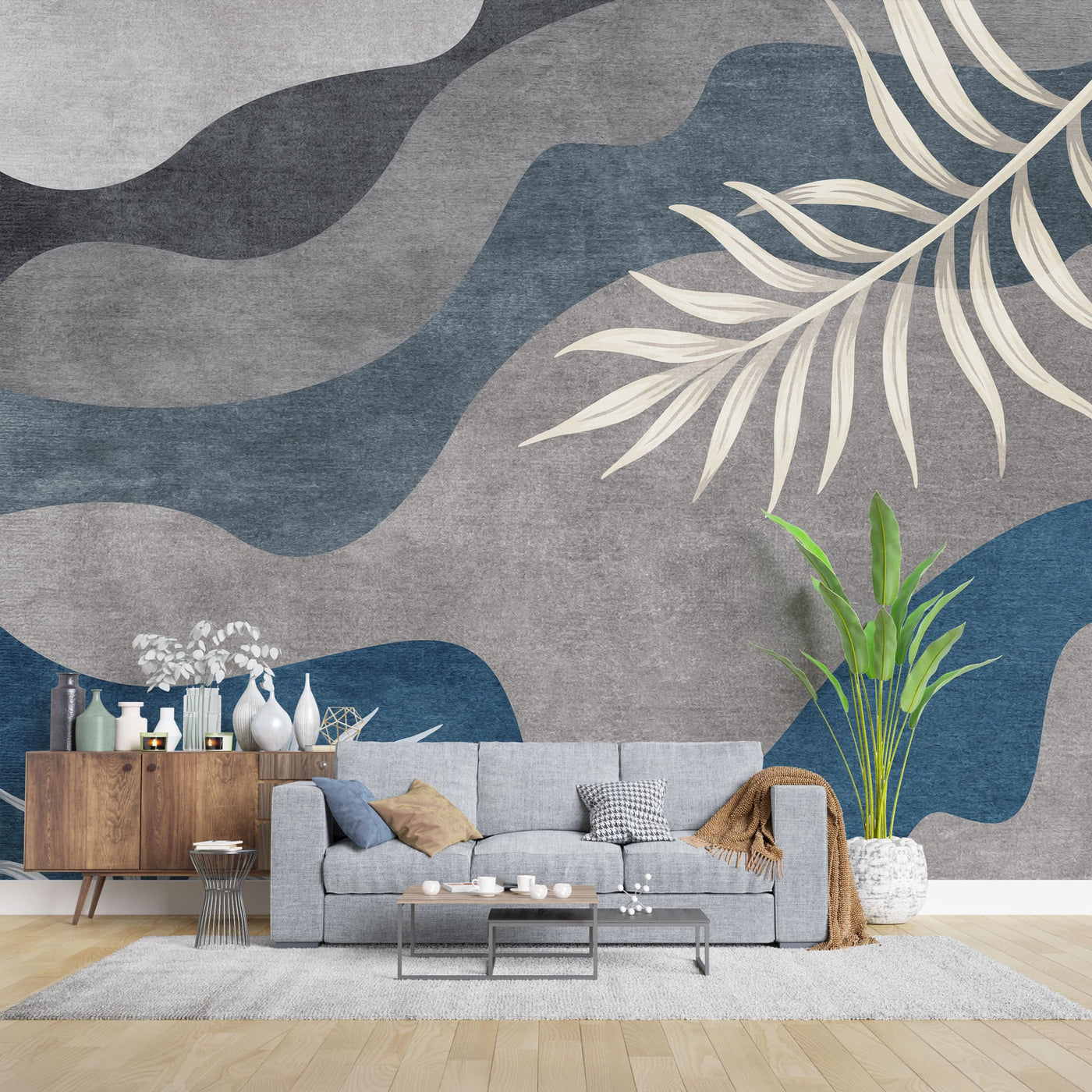fototapet-personalizat-bohemian-cu-valuri-de-culoare-abstracte-in-nuante-inchise-si-frunze-wave-leaves-blue