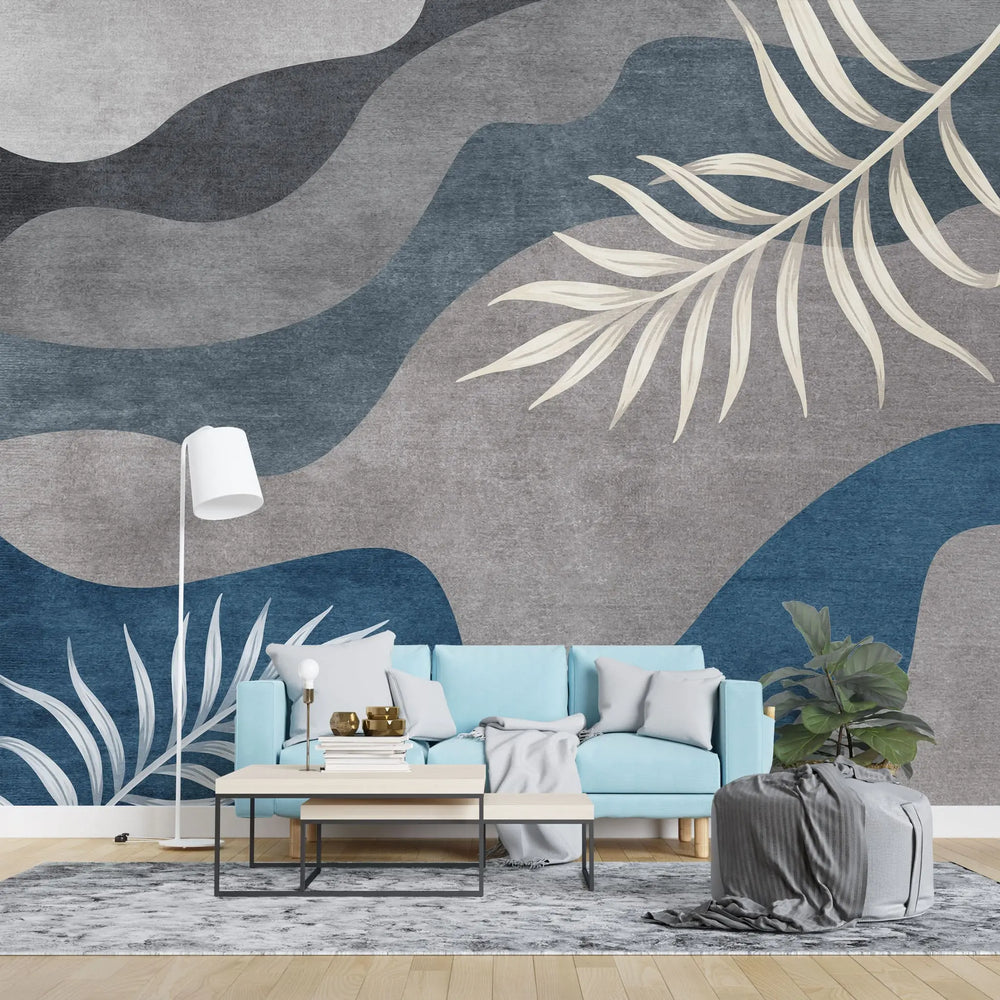 Tapet personalizat bohemian cu valuri de culoare abstracte in nuante inchise si frunze wave leaves blue