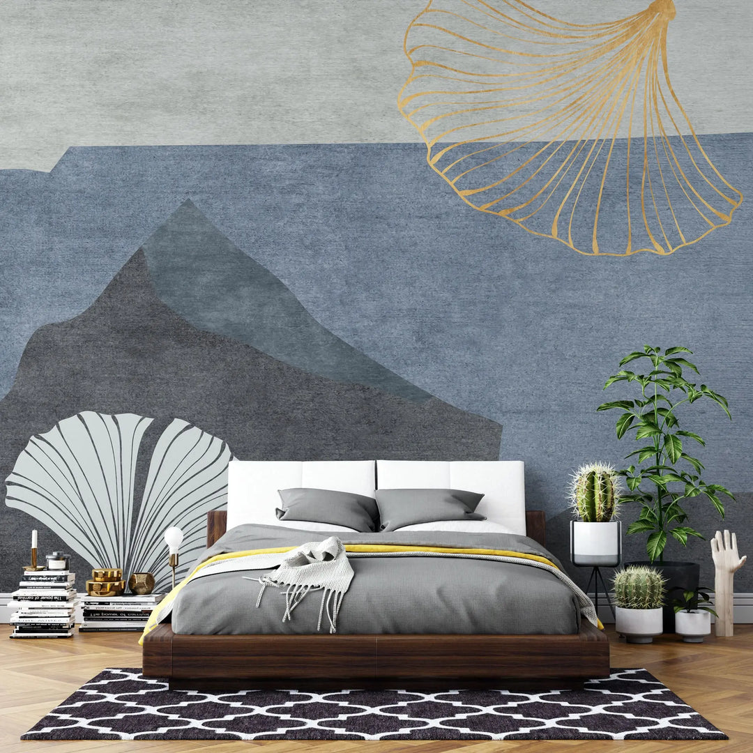 Tapet personalizat bohemian cu frunze de ginko biloba aurii si albe si munti ginko mountain