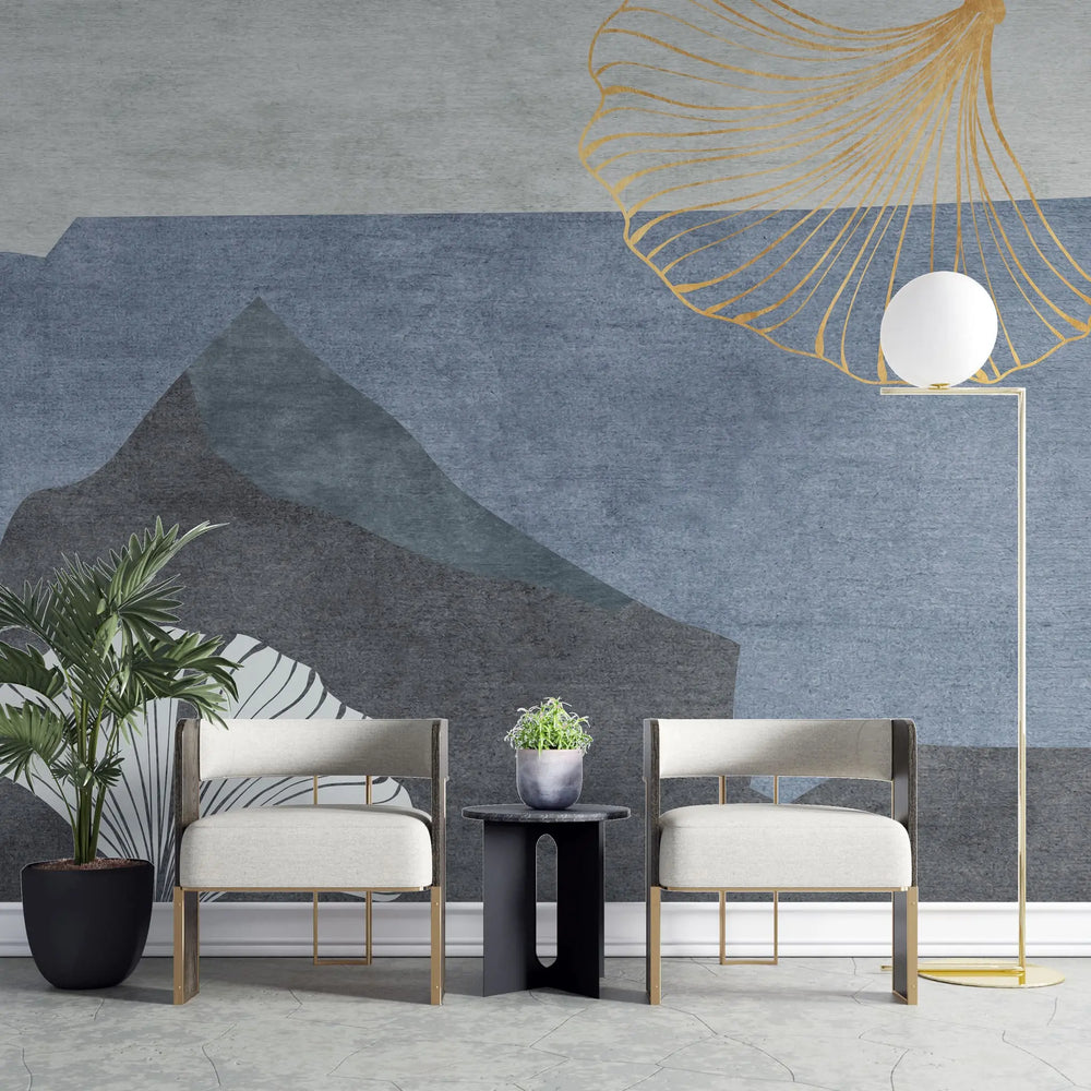 Tapet personalizat bohemian cu frunze de ginko biloba aurii si albe si munti ginko mountain