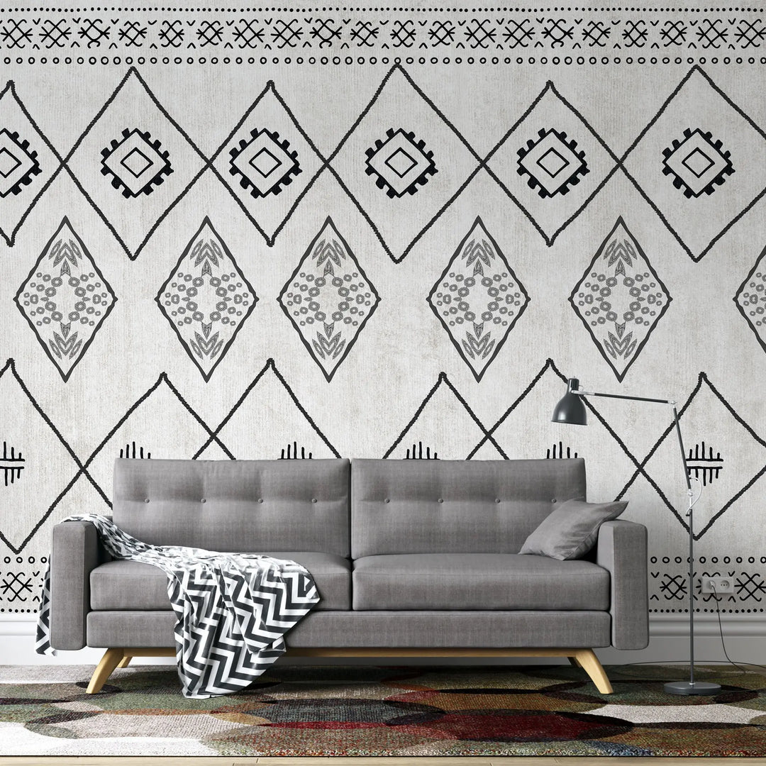 Tapet personalizat bohemian cu elemente in stil aztec in alb negru black&white aztec