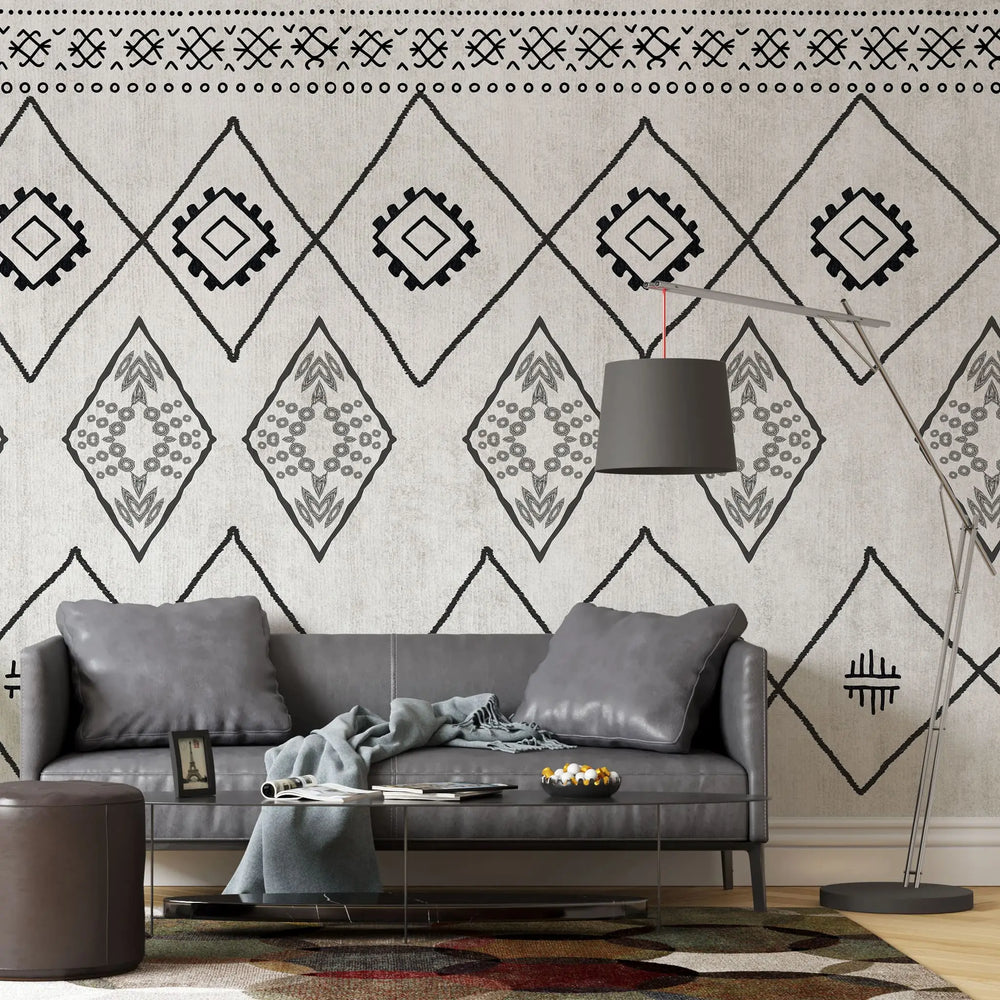 Tapet personalizat bohemian cu elemente in stil aztec in alb negru black&white aztec
