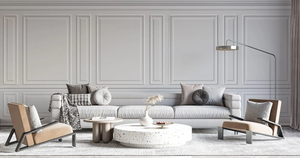 Tapet personalizat arhitectural walls cu ancadramente de perete albe clasice white deco