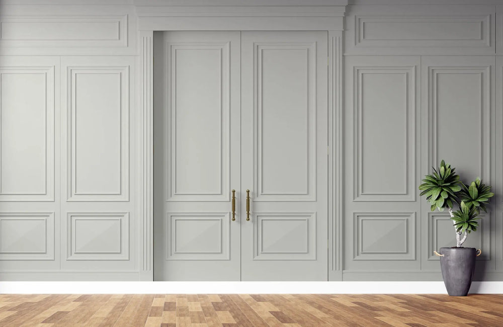 Tapet personalizat arhitectural walls cu ancadramente de perete si usi in nuante de gri deschis light grey doors