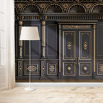 Tapet personalizat arhitectural walls cu ancadramente de perete cu usi si coloane in nunate de negru cu accente aurii golden black