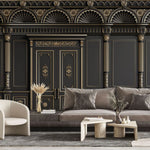 Tapet personalizat arhitectural walls cu ancadramente de perete cu usi si coloane in nunate de negru cu accente aurii golden black