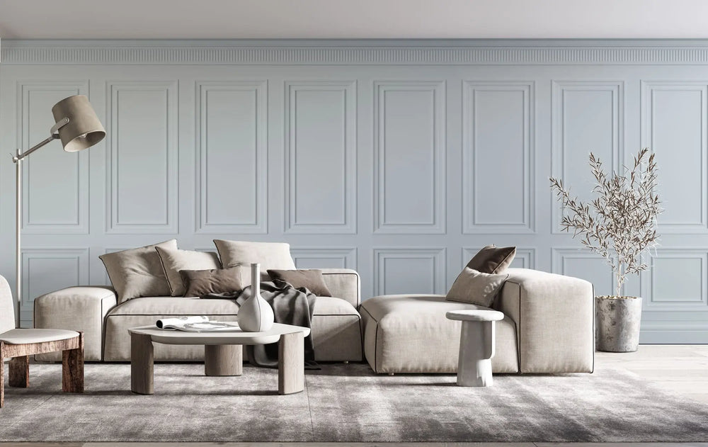 Tapet personalizat arhitectural walls cu ancadramente de perete in nuante de albastru deschis baby blue