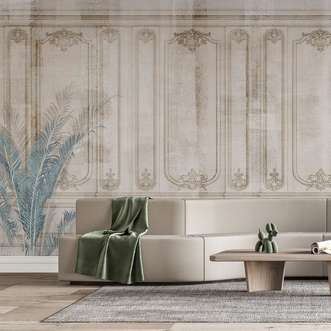 Fototapet personalizat architectutral walls cu ancadramente vintage si frunze de palmier vintage details