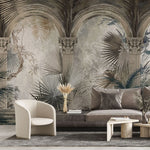 Tapet personalizat victorian cu coloane arhitecturale specifice erei victoriene si palmieri in nuante inchise victorian columns dark