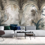 Tapet personalizat victorian cu coloane arhitecturale specifice erei victoriene si palmieri in nuante inchise victorian columns dark