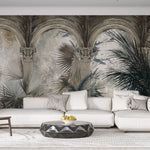 Tapet personalizat victorian cu coloane arhitecturale specifice erei victoriene si palmieri in nuante inchise victorian columns dark