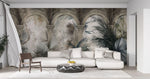 Tapet personalizat victorian cu coloane arhitecturale specifice erei victoriene si palmieri in nuante inchise victorian columns dark