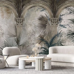 Tapet personalizat victorian cu coloane arhitecturale specifice erei victoriene si palmieri in nuante inchise victorian columns dark