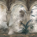 Tapet personalizat victorian cu coloane arhitecturale specifice erei victoriene si palmieri in nuante inchise victorian columns dark