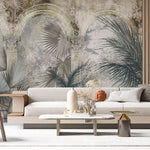 Tapet personalizat victorian cu coloane arhitecturale specifice erei victoriene si palmieri in nuante deschise victorian columns light