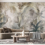 Tapet personalizat victorian cu coloane arhitecturale specifice erei victoriene si palmieri in nuante deschise victorian columns light