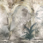 Tapet personalizat victorian cu coloane arhitecturale specifice erei victoriene si palmieri in nuante deschise victorian columns light