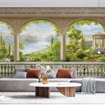 Tapet personalizat victorian cu peisaj romantic paradisiac vazut de la balconul unei cladiri cu arhitectura specifica erei victoriene victorian eden