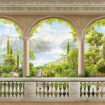 Tapet personalizat victorian cu peisaj romantic paradisiac vazut de la balconul unei cladiri cu arhitectura specifica erei victoriene victorian eden