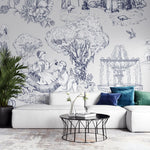Tapet personalizat victorian cu efect de desen in cerneala care curpinde elemente din gradinile specifice erei victoriene  picnic romantic fantana plante flori si pasari victorian ink garden