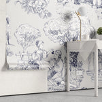 Tapet personalizat victorian cu efect de desen in cerneala care curpinde elemente din gradinile specifice erei victoriene  picnic romantic fantana plante flori si pasari victorian ink garden