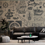 Tapet personalizat cu harta maritima veche cu elemente specifice busola corabii animale marine munti ancore vintage sailor's map