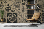 Tapet personalizat cu harta maritima veche cu elemente specifice busola corabii animale marine munti ancore vintage sailor's map