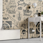 Tapet personalizat cu harta maritima veche cu elemente specifice busola corabii animale marine munti ancore vintage sailor's map