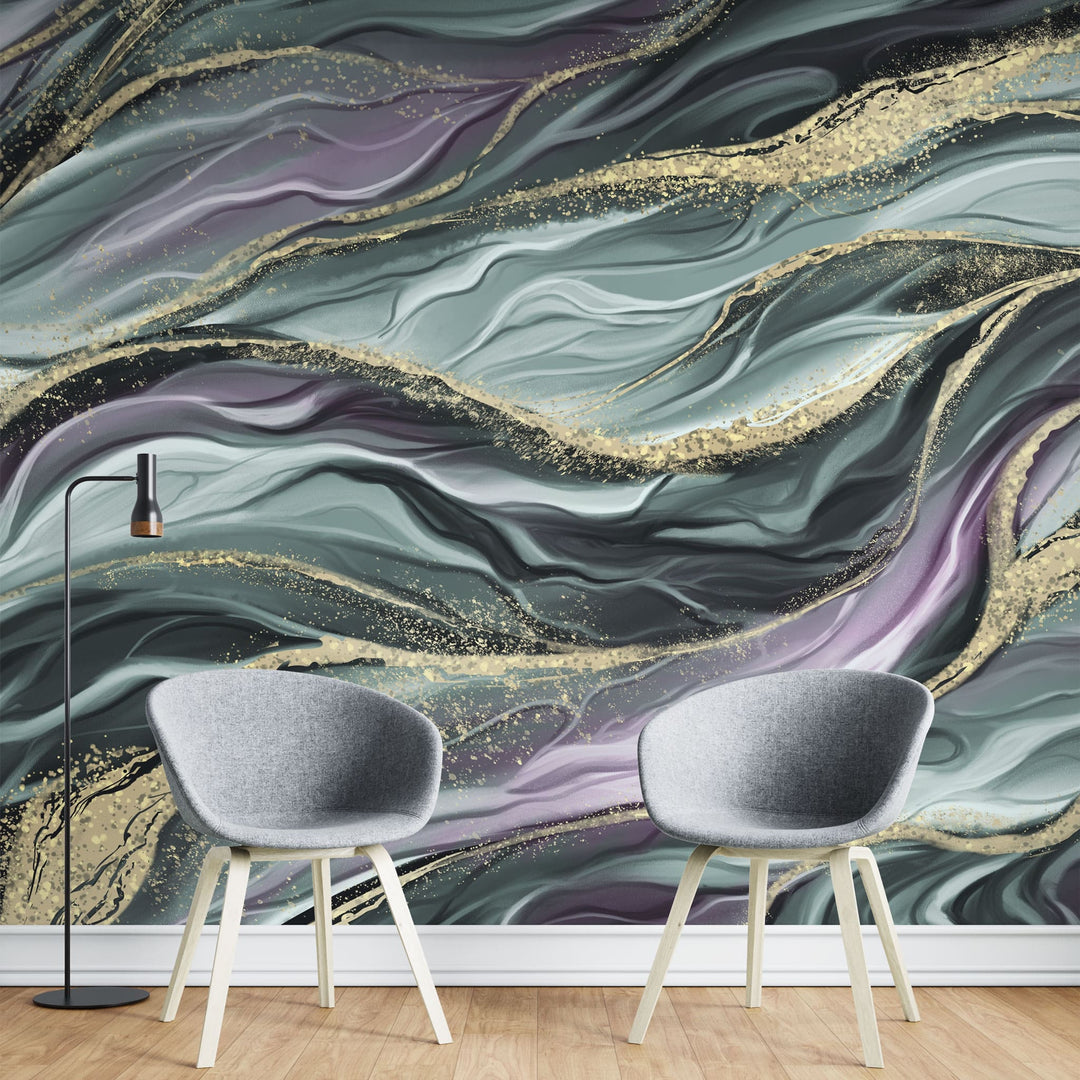 Tapet personalizat marble cu model de marmura in valuri in nuante de verde si mov cu insertii aurii algae
